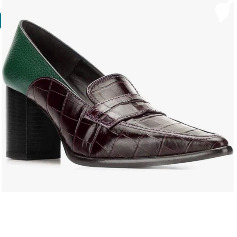 FOWT Burgundy Ladies Chic Crocodile Loafers High Block Heel Slip On Pumps